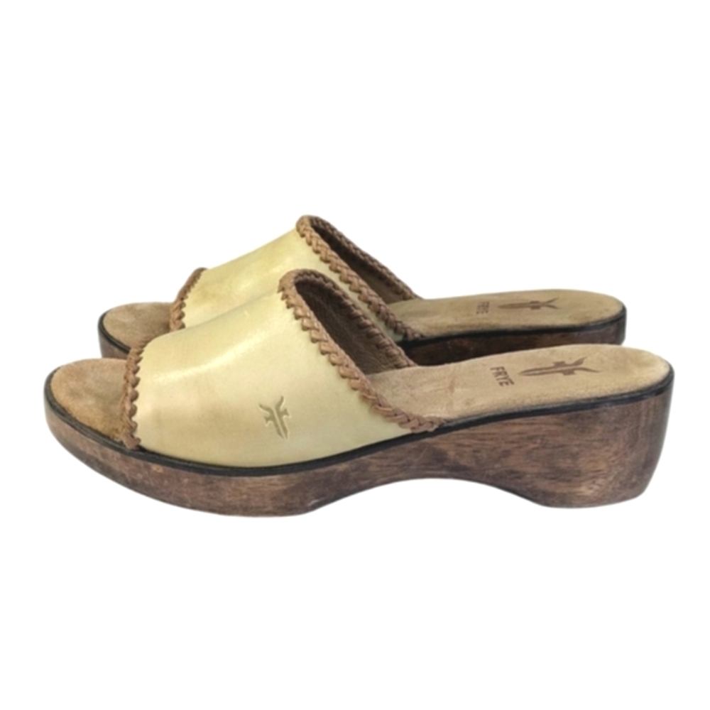 Frye Clog Sandals Women 9.5 Wooden and Leather Tan Brown Embroidered Detailing - Picture 2 of 12
